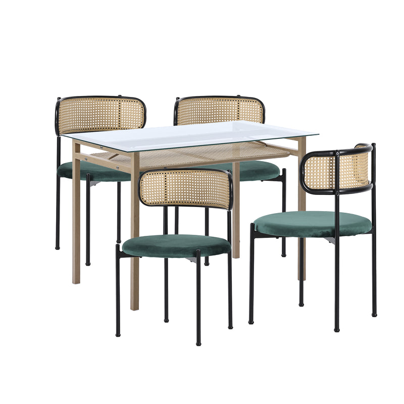 Ensemble Table à manger en verre de style rétro avec 4 chaises en velours vert LOSSIRS+YUHRAR GREEN