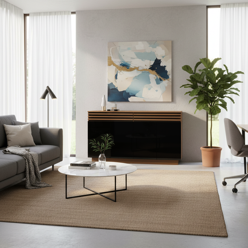 Buffet industriel effet bois noyer avec lattes décoratives et 3 portes noires LYMPHOCYT