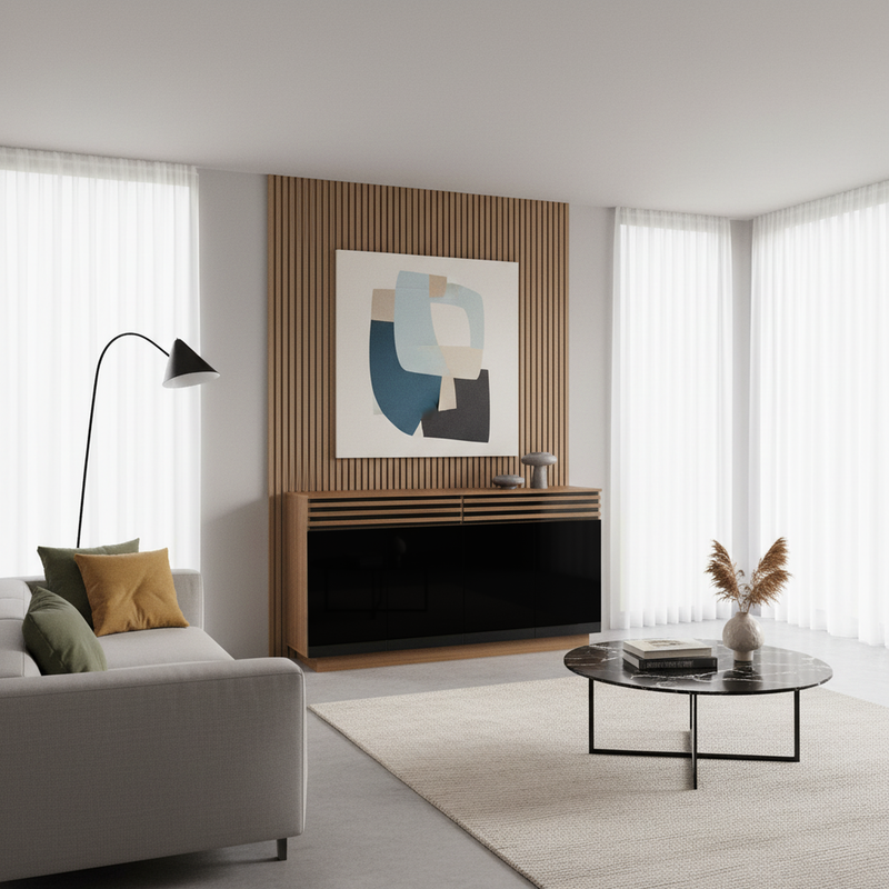 Buffet industriel effet bois noyer avec lattes décoratives et 3 portes noires LYMPHOCYT