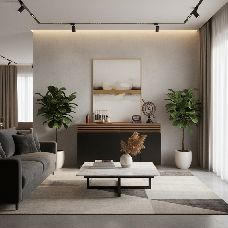 Buffet industriel effet bois noyer avec lattes décoratives et 3 portes noires LYMPHOCYT