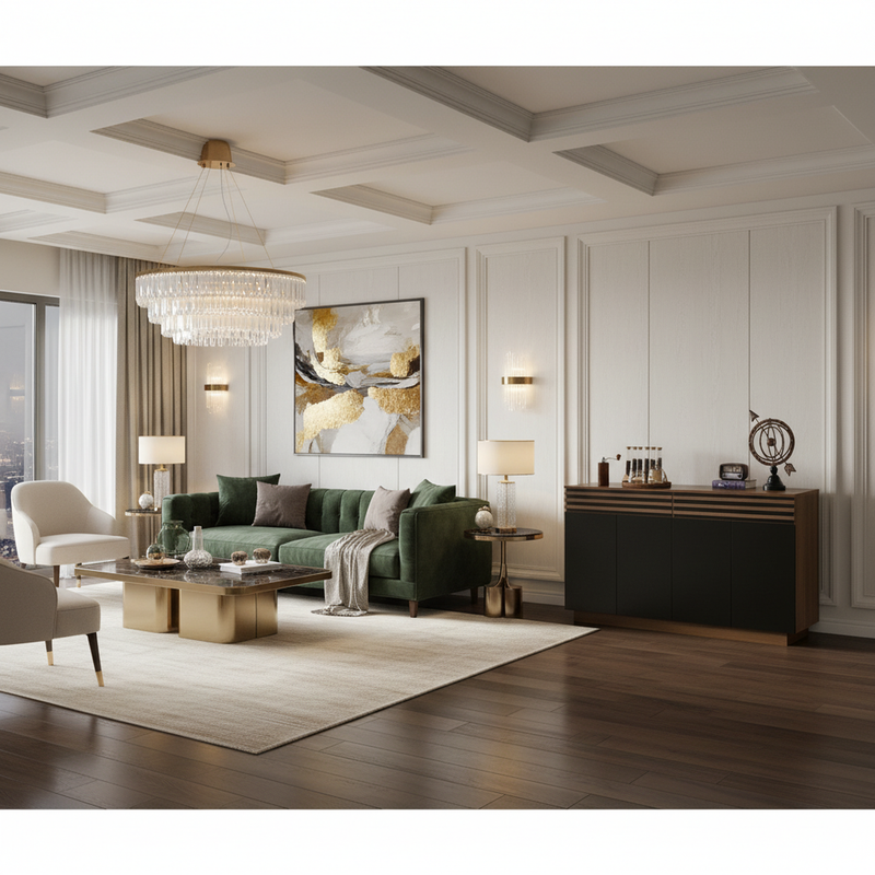 Buffet industriel effet bois noyer avec lattes décoratives et 3 portes noires LYMPHOCYT