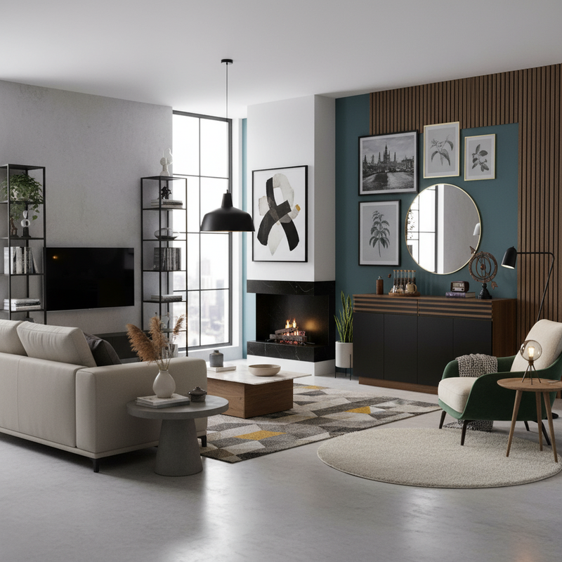 Buffet industriel effet bois noyer avec lattes décoratives et 3 portes noires LYMPHOCYT