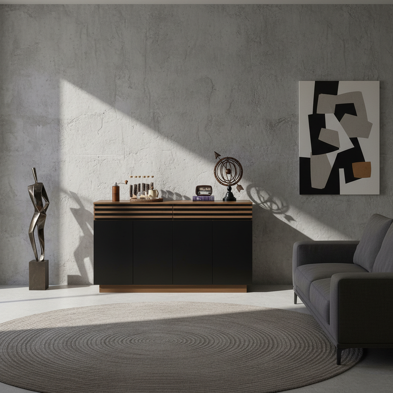 Buffet industriel effet bois noyer avec lattes décoratives et 3 portes noires LYMPHOCYT