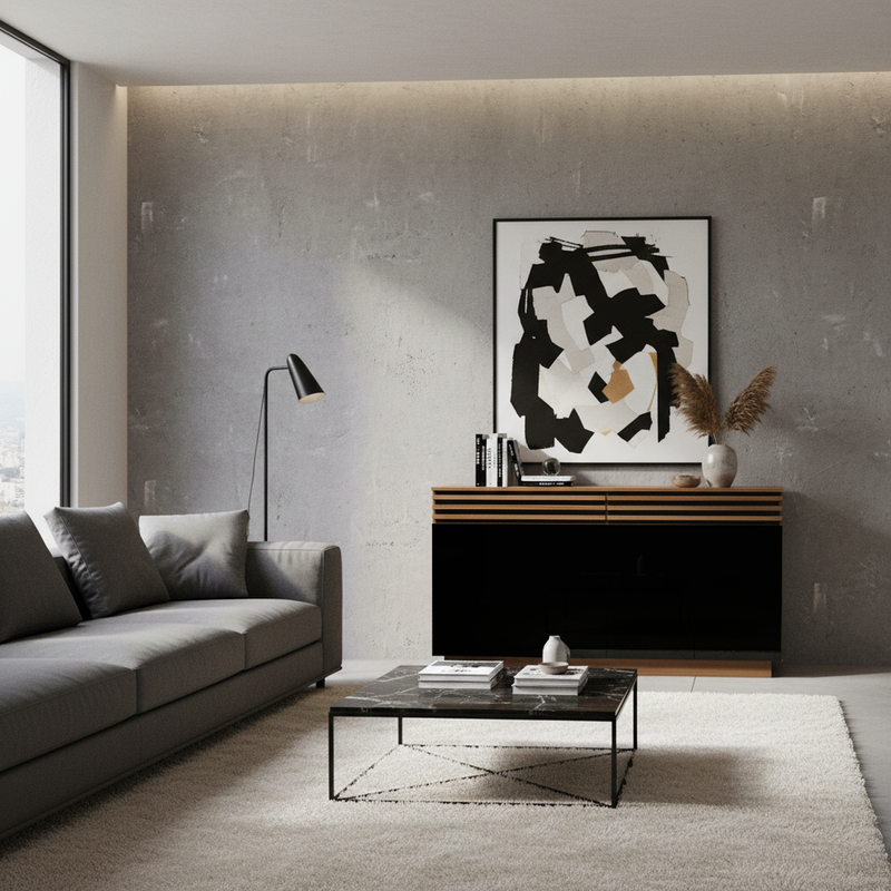 Buffet industriel effet bois noyer avec lattes décoratives et 3 portes noires LYMPHOCYT