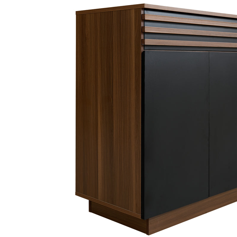 Buffet industriel effet bois noyer avec lattes décoratives et 3 portes noires LYMPHOCYT
