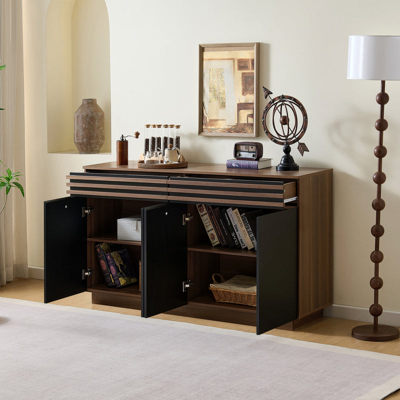 Buffet industriel effet bois noyer avec lattes décoratives et 3 portes noires LYMPHOCYT
