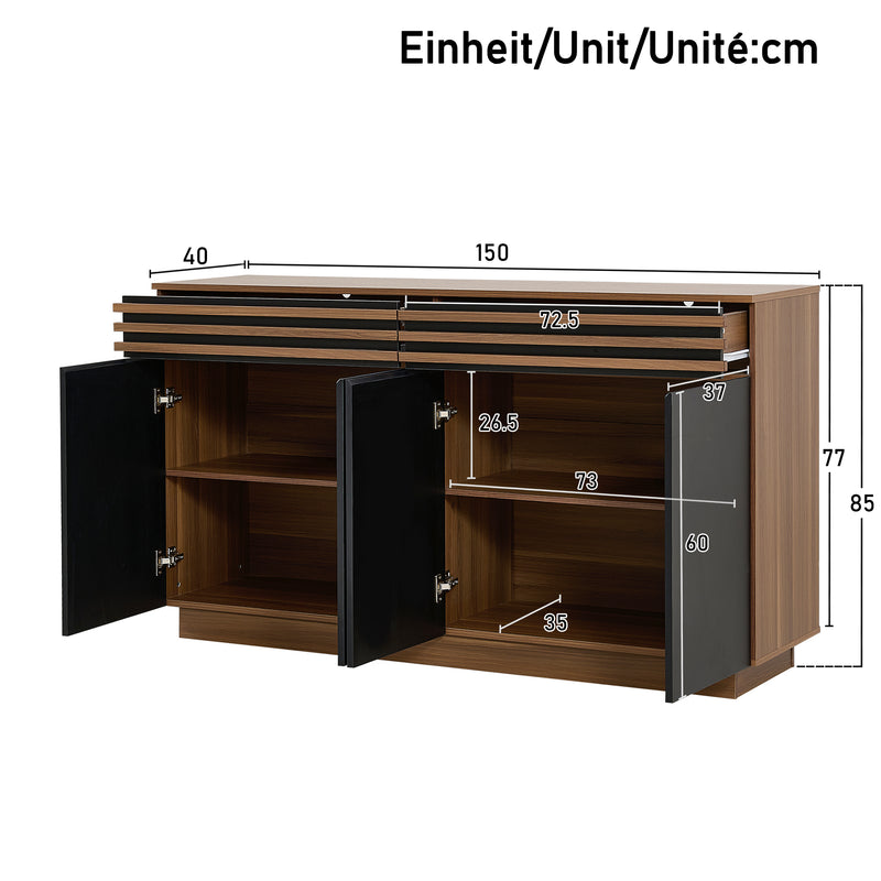 Buffet industriel effet bois noyer avec lattes décoratives et 3 portes noires LYMPHOCYT