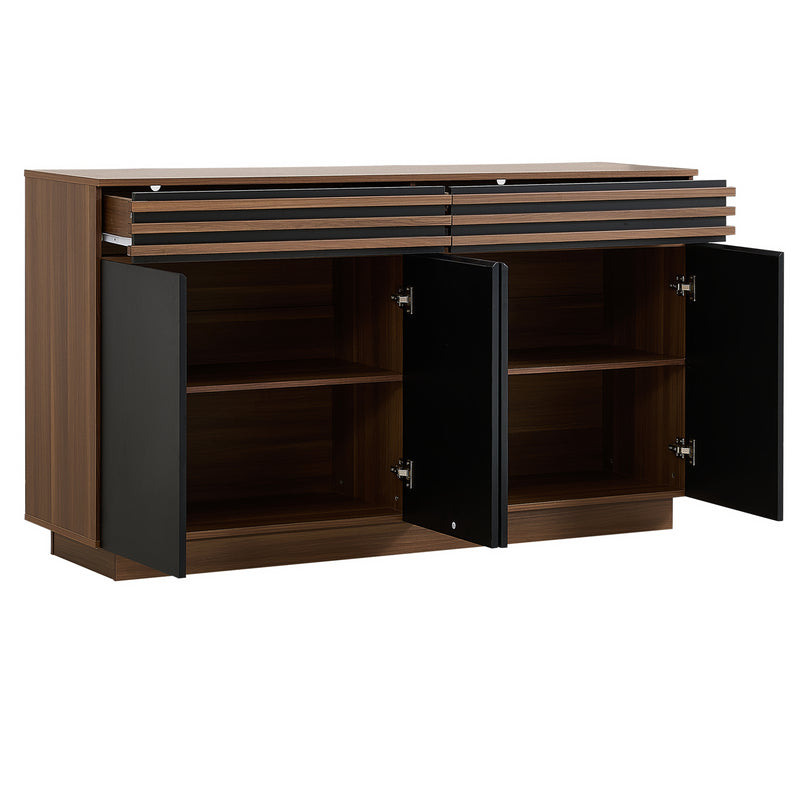 Buffet industriel effet bois noyer avec lattes décoratives et 3 portes noires LYMPHOCYT