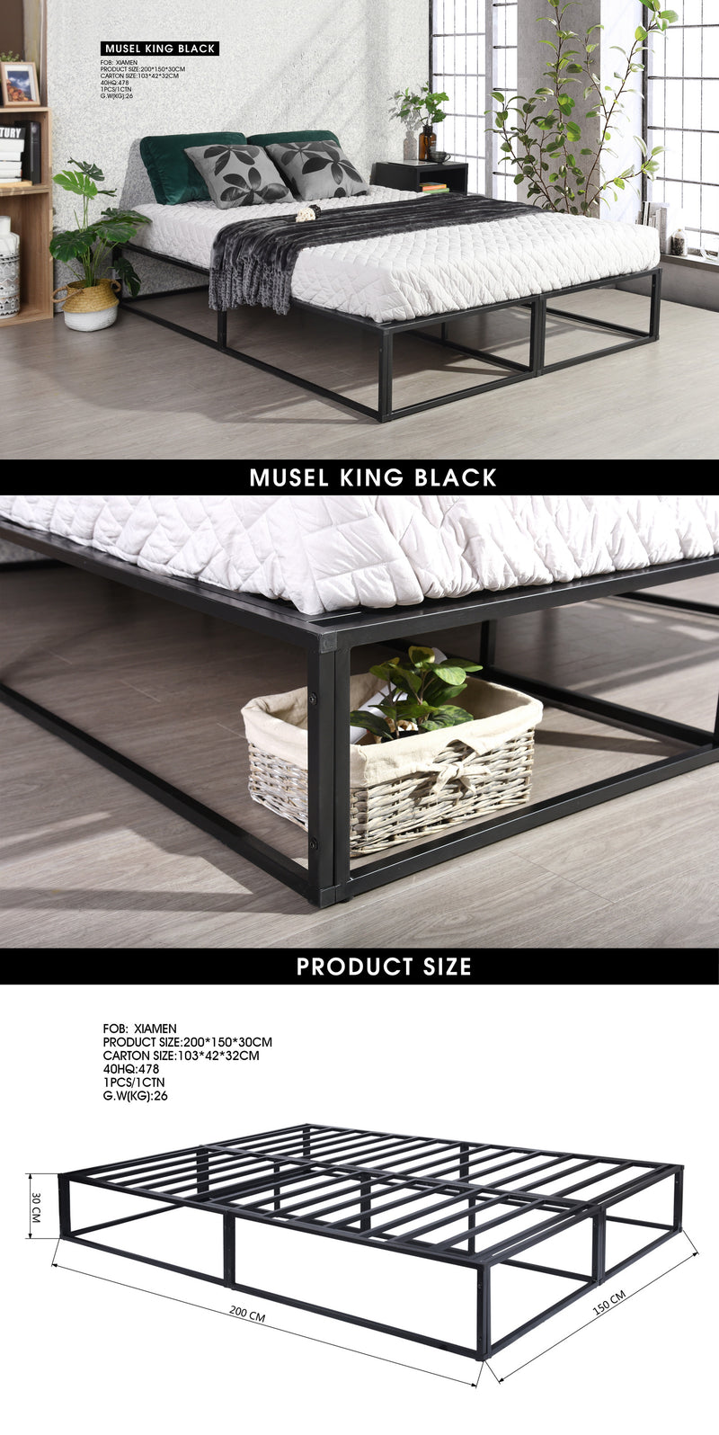 Lit double métallique noir sommier lattes rangement sous lit 190*135*30cm MUSEL DOUBLE BLACK