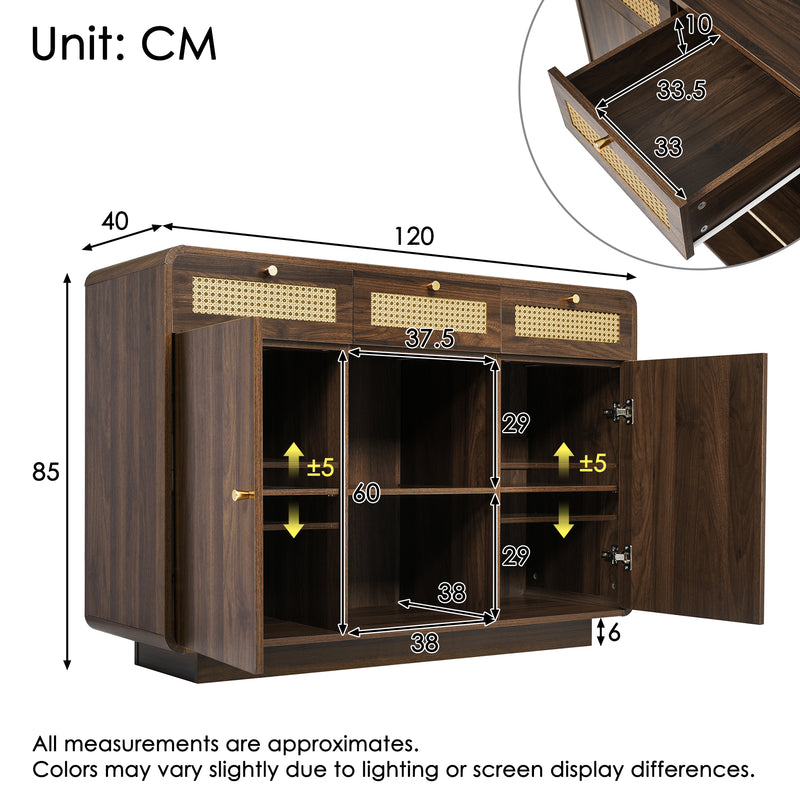 Buffet rétro effet noyer 3 tiroirs en rotin tressé, 2 portes et compartiment ouvert COFACTOR