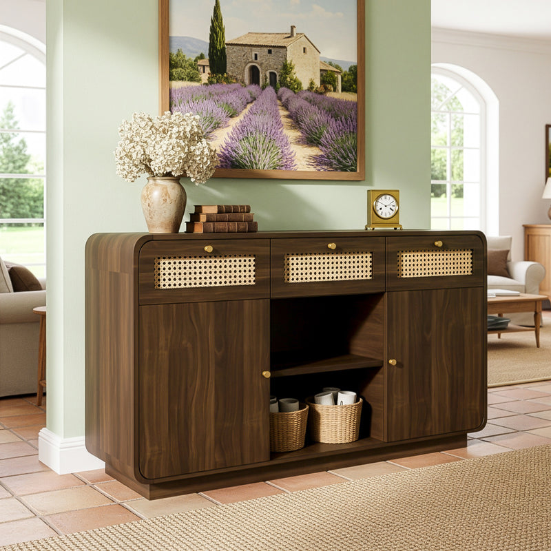 Buffet rétro effet noyer 3 tiroirs en rotin tressé, 2 portes et compartiment ouvert COFACTOR