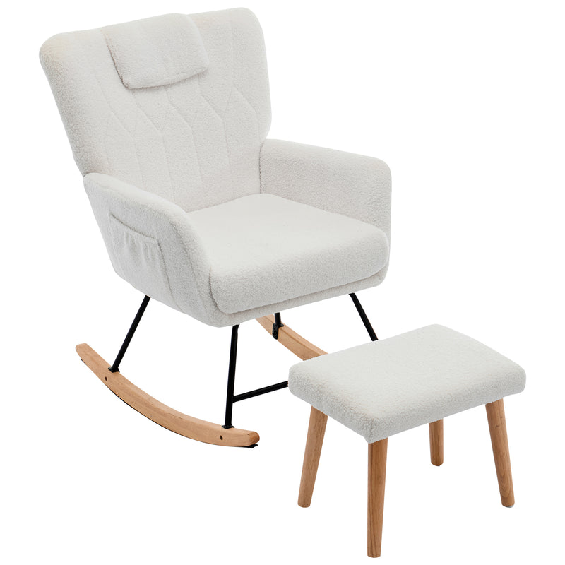 Fauteuil à bascule en tissu teddy blanc avec coussin de nuque et repose-pieds inclus MASTIC