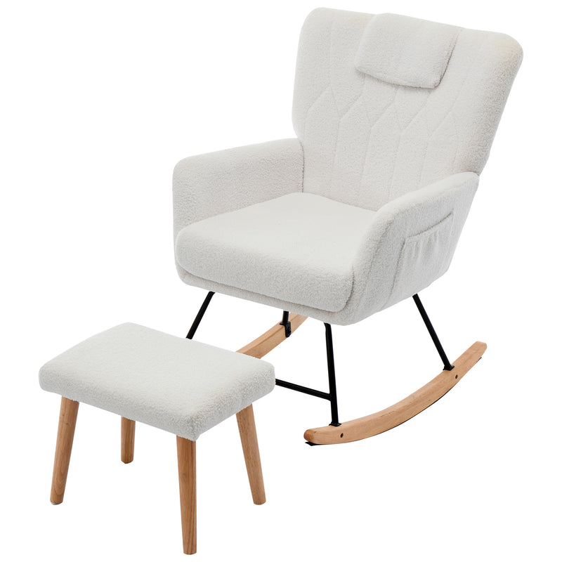 Fauteuil à bascule en tissu teddy blanc avec coussin de nuque et repose-pieds inclus MASTIC