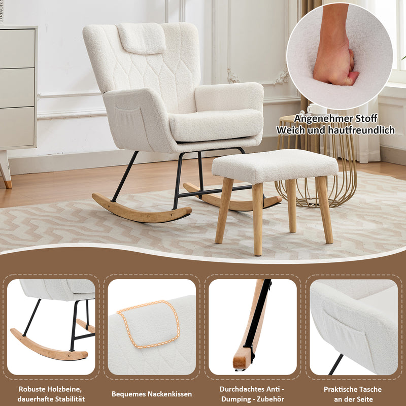 Fauteuil à bascule en tissu teddy blanc avec coussin de nuque et repose-pieds inclus MASTIC