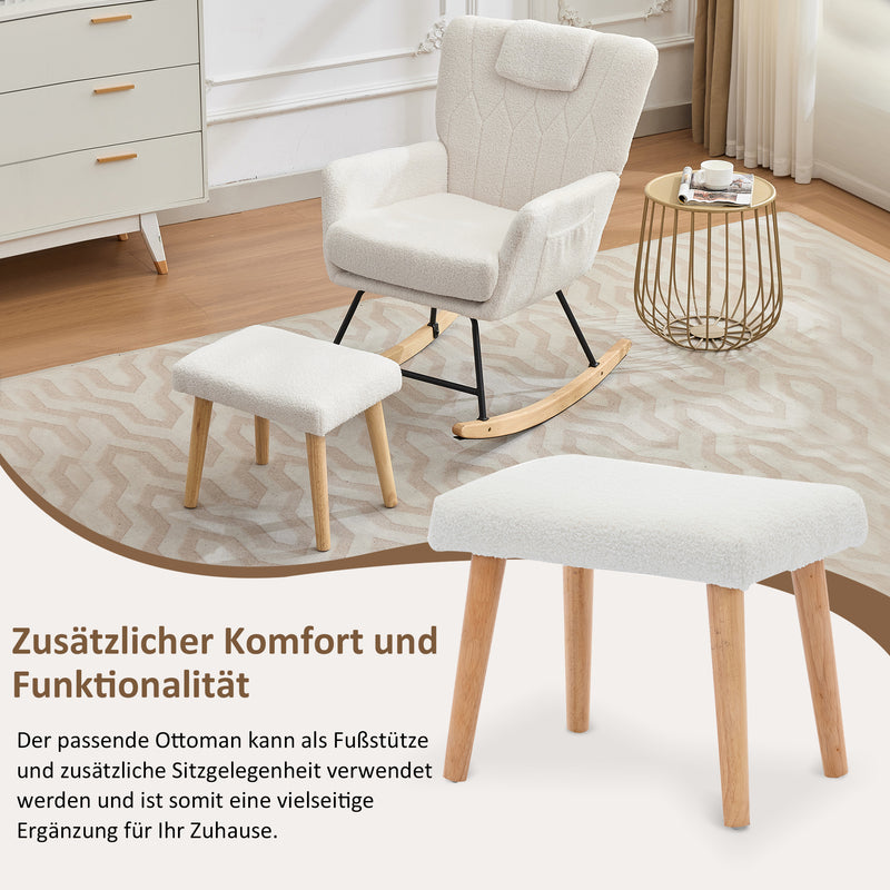 Fauteuil à bascule en tissu teddy blanc avec coussin de nuque et repose-pieds inclus MASTIC