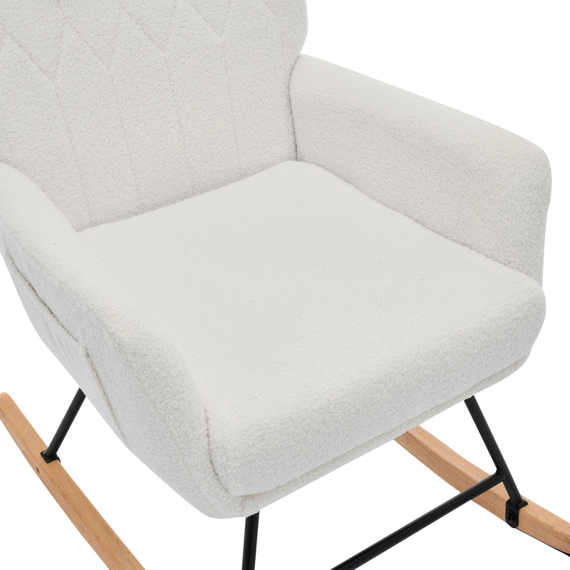 Fauteuil à bascule en tissu teddy blanc avec coussin de nuque et repose-pieds inclus MASTIC