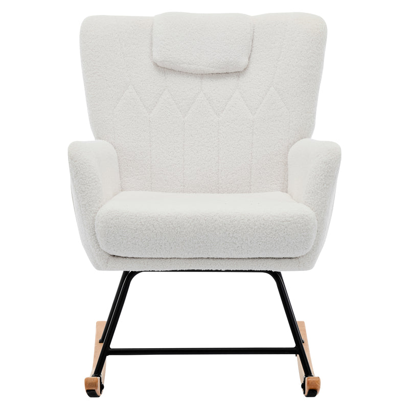 Fauteuil à bascule en tissu teddy blanc avec coussin de nuque et repose-pieds inclus MASTIC