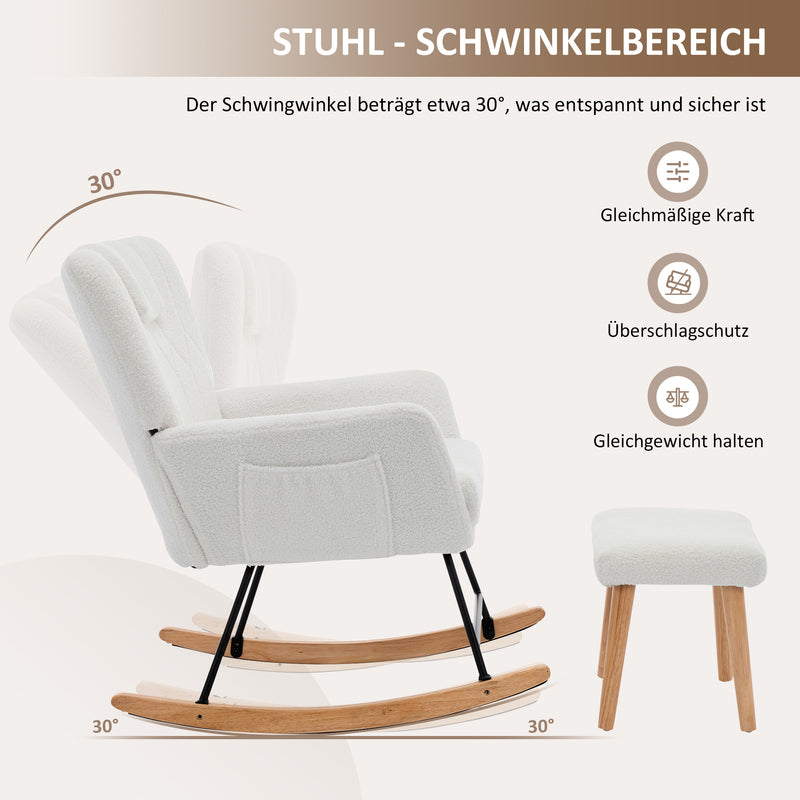 Fauteuil à bascule en tissu teddy blanc avec coussin de nuque et repose-pieds inclus MASTIC