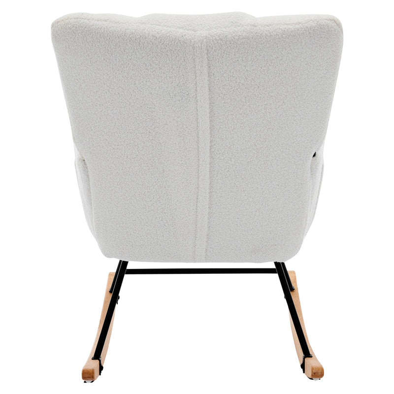 Fauteuil à bascule en tissu teddy blanc avec coussin de nuque et repose-pieds inclus MASTIC