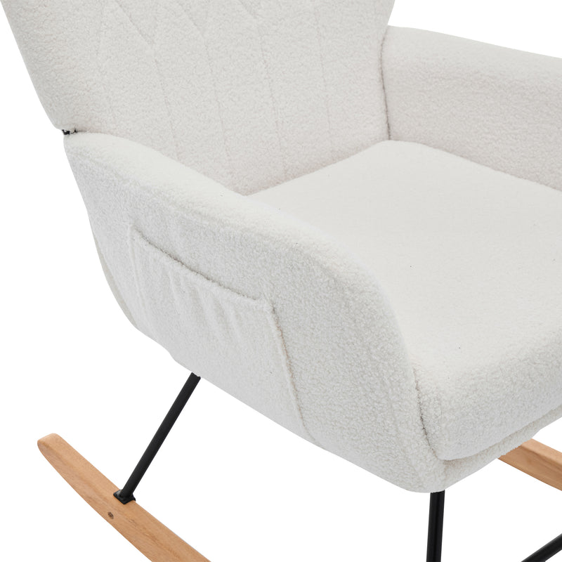 Fauteuil à bascule en tissu teddy blanc avec coussin de nuque et repose-pieds inclus MASTIC