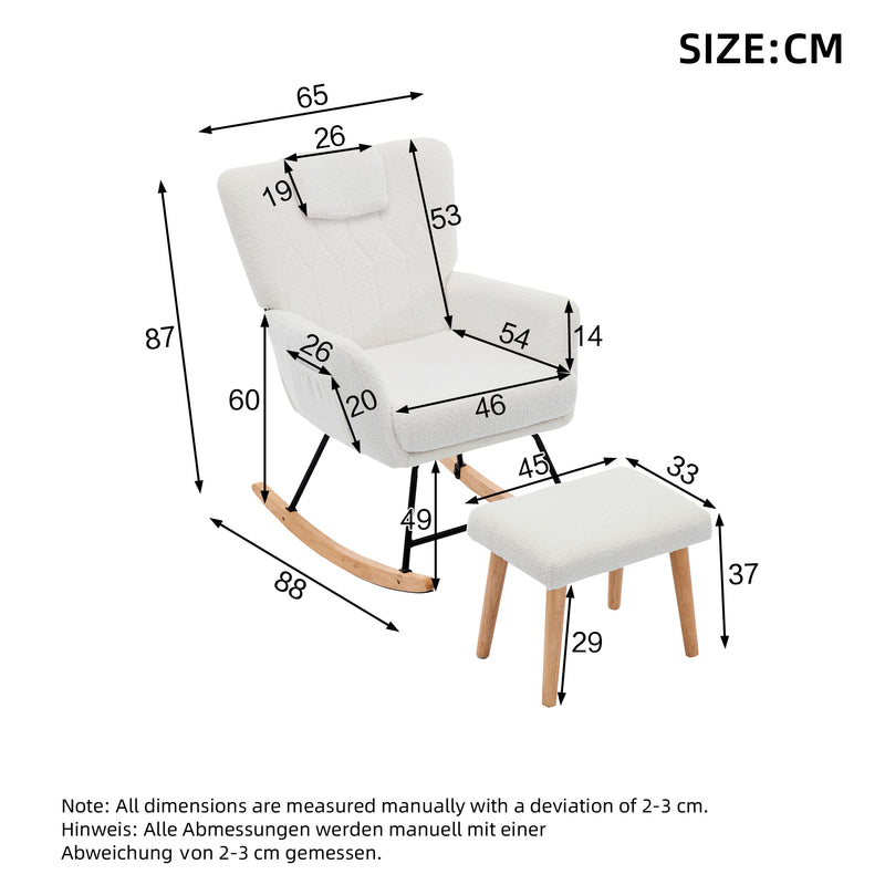Fauteuil à bascule en tissu teddy blanc avec coussin de nuque et repose-pieds inclus MASTIC