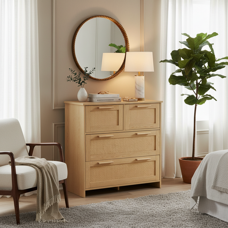 Buffet moderne à 4 tiroirs en effect bois et rotin tressé 4 tiroirs MISTRALGUST