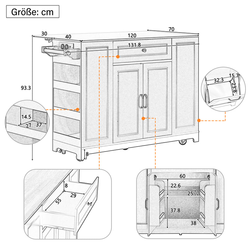 Îlot de cuisine blanc avec roulettes, extensible, prise recharge et USB avec compartiment à poubelle MUSCULAR