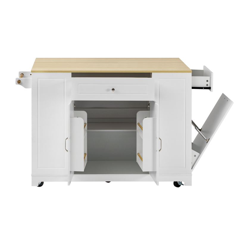 Îlot de cuisine blanc avec roulettes, extensible, prise recharge et USB avec compartiment à poubelle MUSCULAR