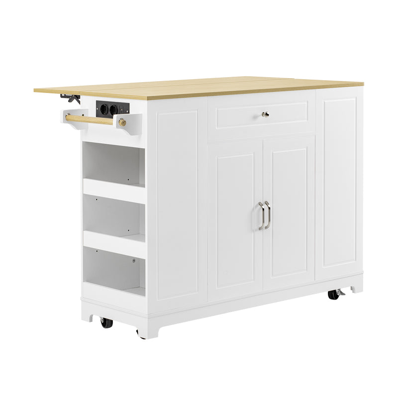 Îlot de cuisine blanc avec roulettes, extensible, prise recharge et USB avec compartiment à poubelle MUSCULAR