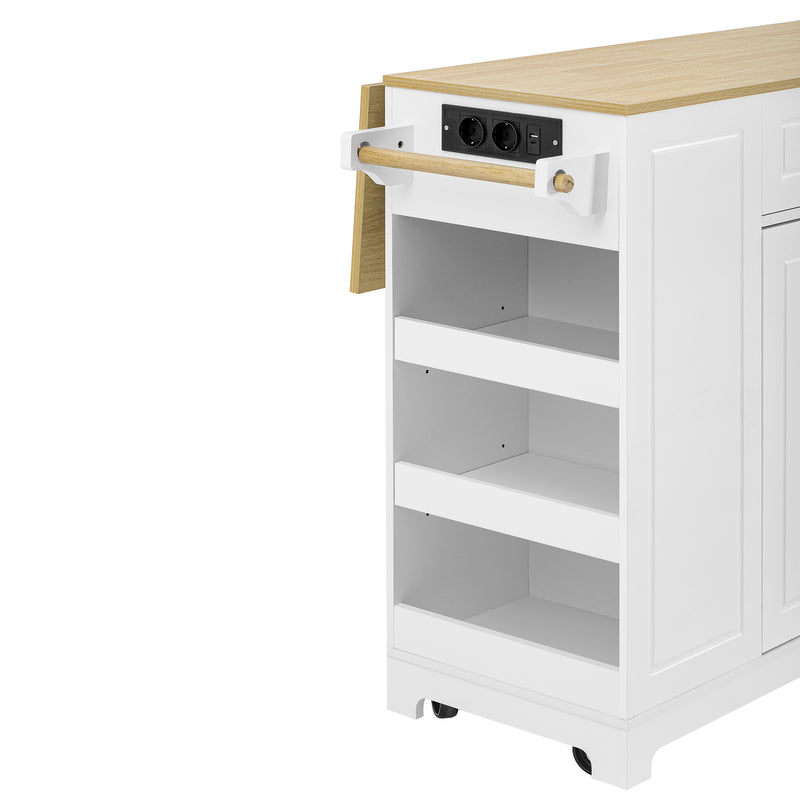 Îlot de cuisine blanc avec roulettes, extensible, prise recharge et USB avec compartiment à poubelle MUSCULAR