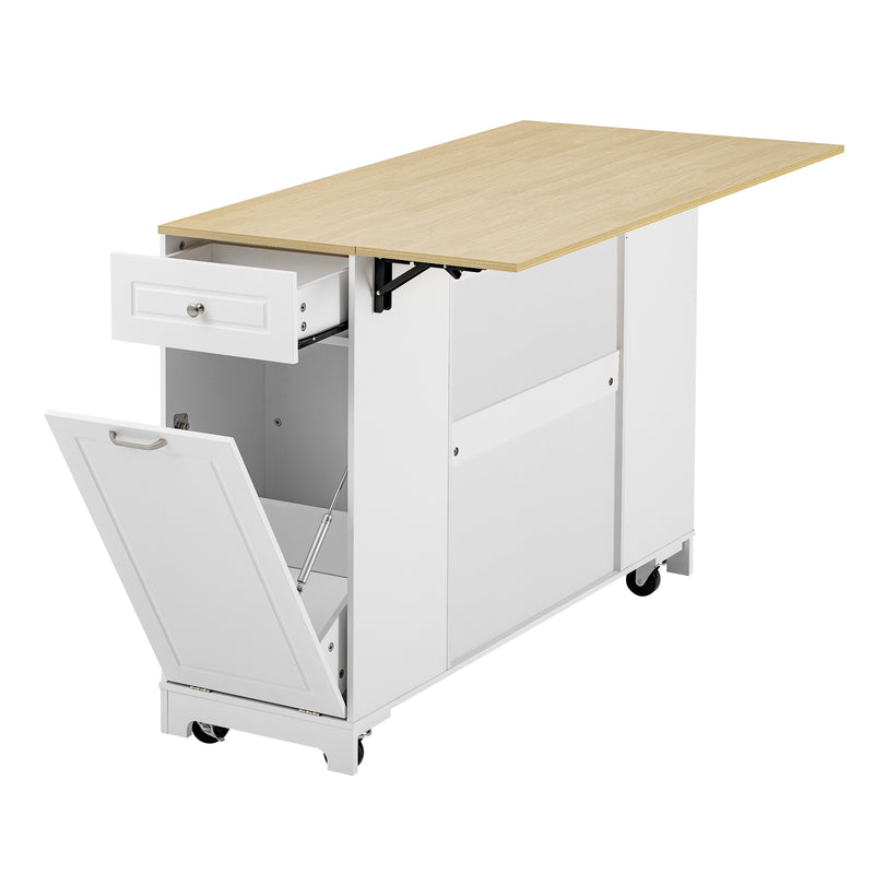 Îlot de cuisine blanc avec roulettes, extensible, prise recharge et USB avec compartiment à poubelle MUSCULAR