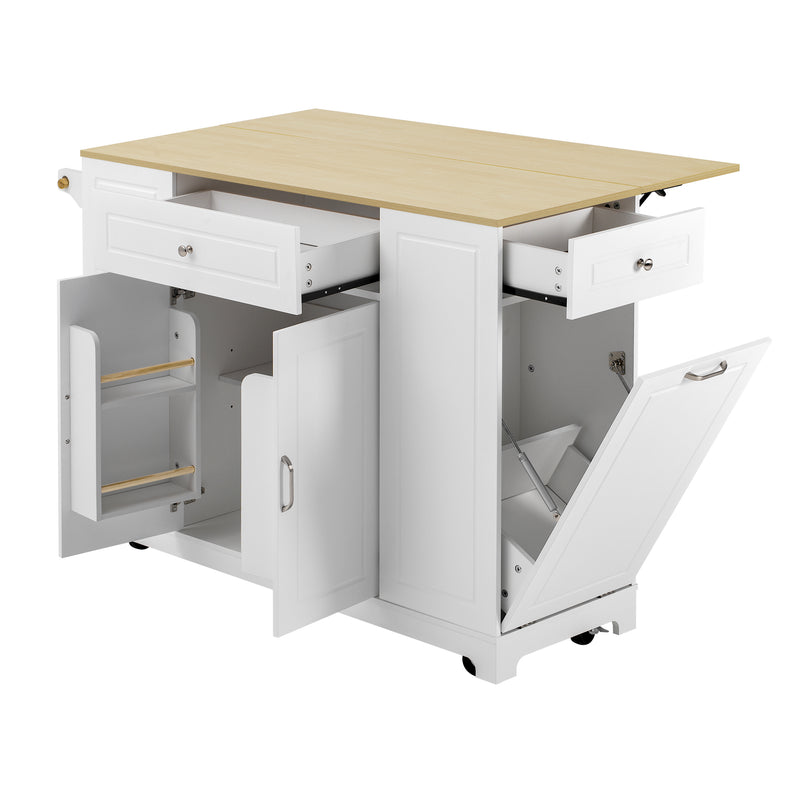 Îlot de cuisine blanc avec roulettes, extensible, prise recharge et USB avec compartiment à poubelle MUSCULAR