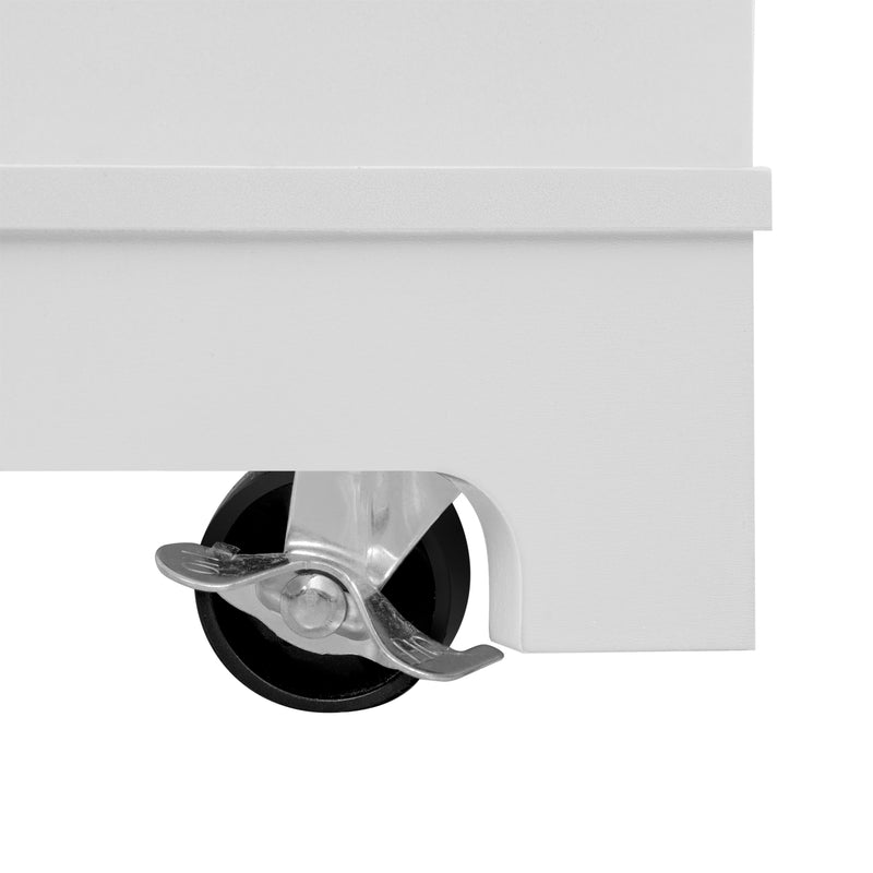 Îlot de cuisine blanc avec roulettes, extensible, prise recharge et USB avec compartiment à poubelle MUSCULAR