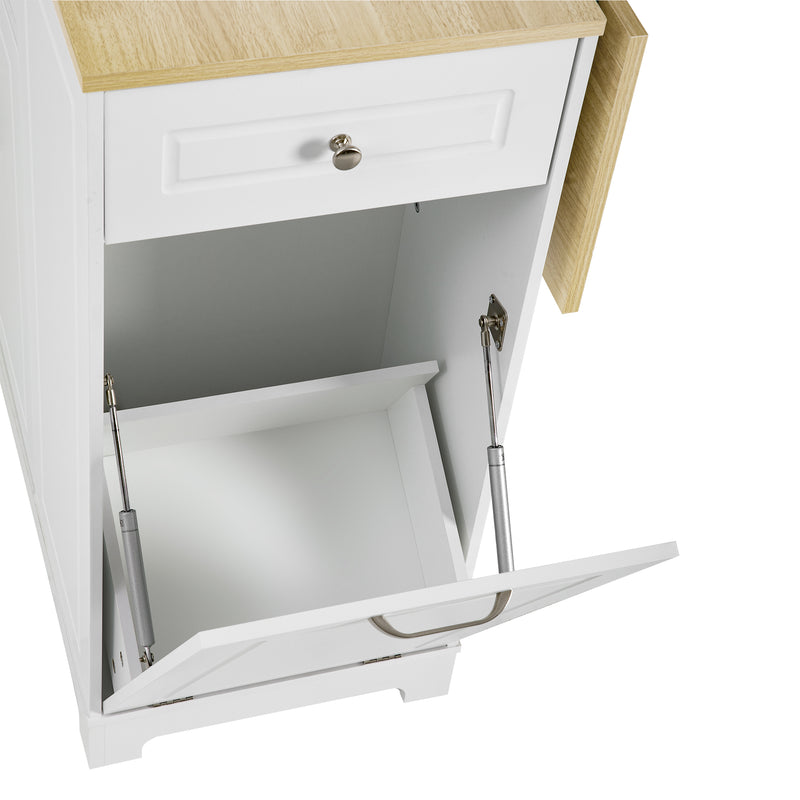 Îlot de cuisine blanc avec roulettes, extensible, prise recharge et USB avec compartiment à poubelle MUSCULAR