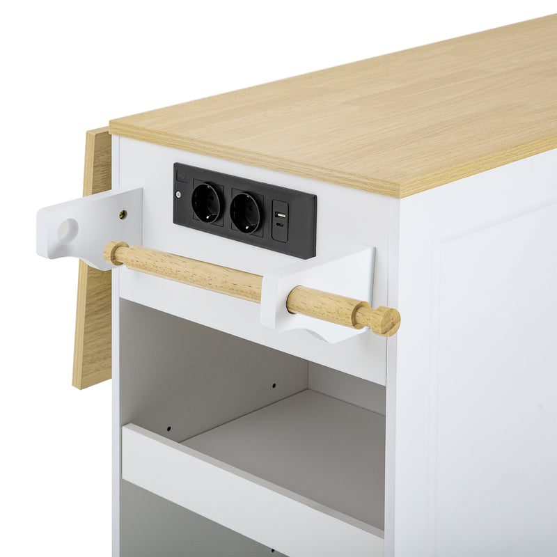 Îlot de cuisine blanc avec roulettes, extensible, prise recharge et USB avec compartiment à poubelle MUSCULAR