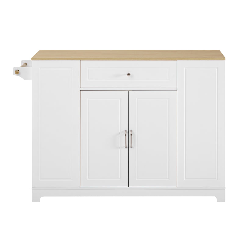 Îlot de cuisine blanc avec roulettes, extensible, prise recharge et USB avec compartiment à poubelle MUSCULAR