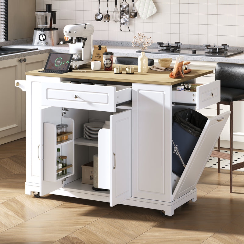 Îlot de cuisine blanc avec roulettes, extensible, prise recharge et USB avec compartiment à poubelle MUSCULAR