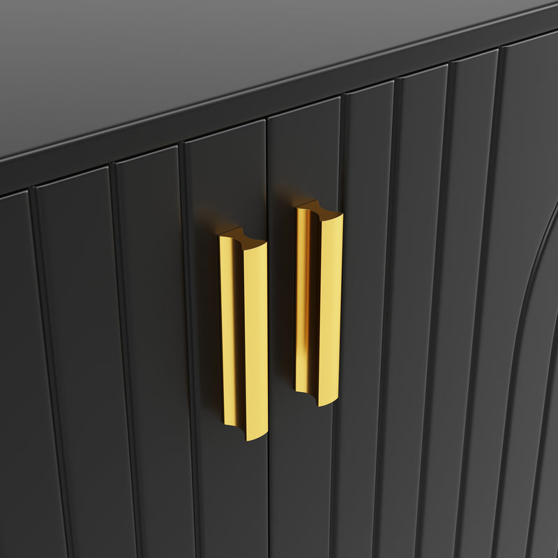 Buffet noir portes à motif ondulé 4 portes, poignées et pieds dorées FERNPEAK