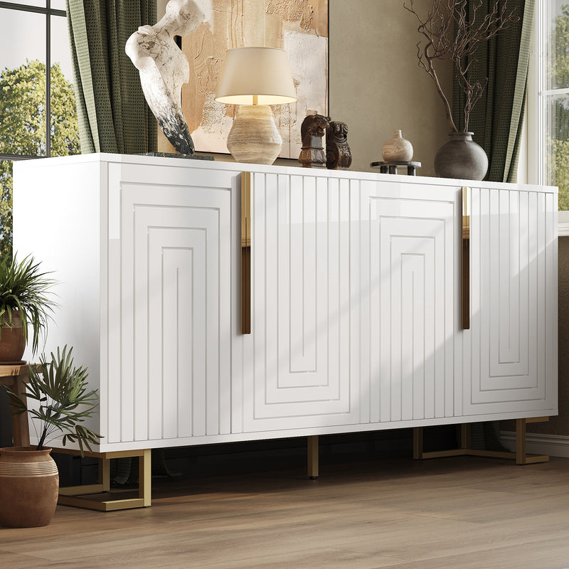 Buffet blanc portes à motif géométrique, poignées dorées 4 portes CEDARPEAK