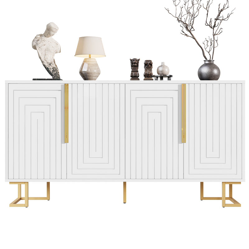 Buffet blanc portes à motif géométrique, poignées dorées 4 portes CEDARPEAK