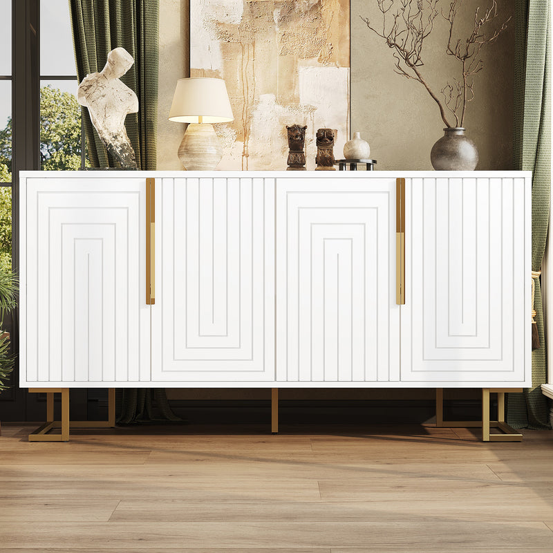 Buffet blanc portes à motif géométrique, poignées dorées 4 portes CEDARPEAK