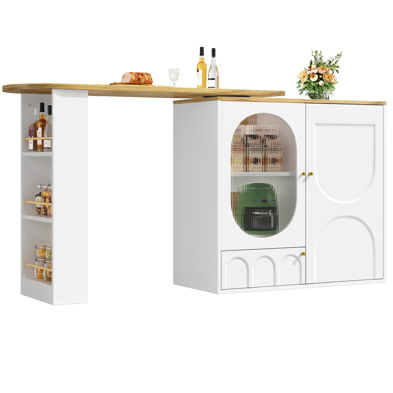 Table de bar effet bois et blanc, plateau pivotant à 360° portes en verre canelé FROSTBLOOM