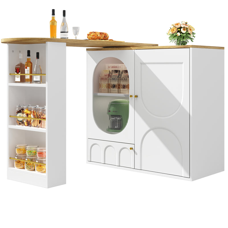 Table de bar effet bois et blanc, plateau pivotant à 360° portes en verre canelé FROSTBLOOM