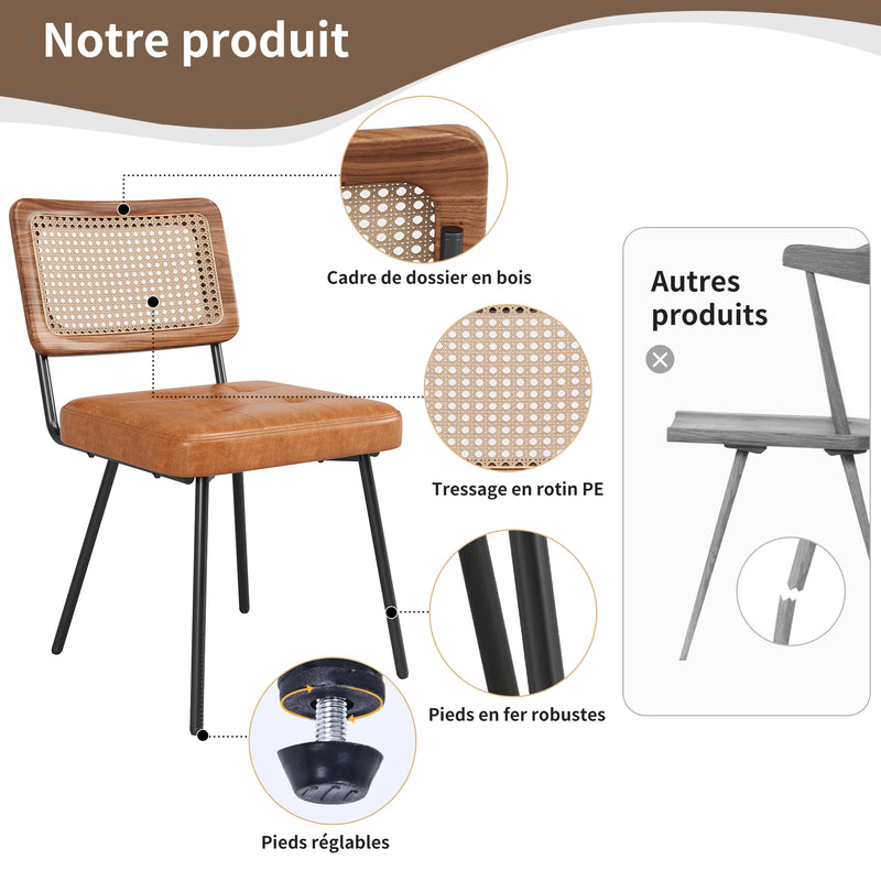 Lot de 2 chaise de salle à manger vintage en rotin PE et simili cuir marron SIRIUSGUIDE