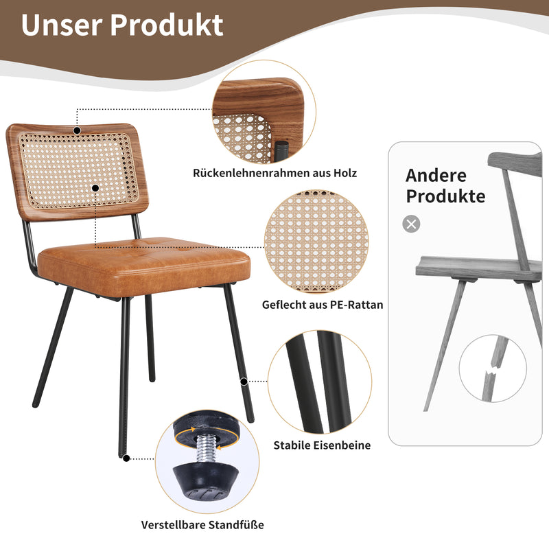 Lot de 2 chaise de salle à manger vintage en rotin PE et simili cuir marron SIRIUSGUIDE