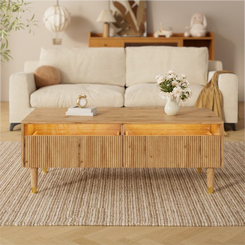 Table basse moderne effet bois façade ondulée éclairage LED 2 tiroirs PEAKGLADE