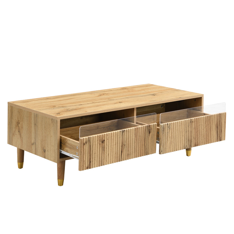 Table basse moderne effet bois façade ondulée éclairage LED 2 tiroirs PEAKGLADE