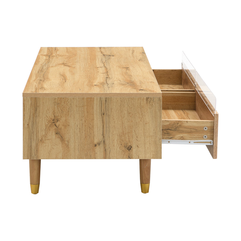 Table basse moderne effet bois façade ondulée éclairage LED 2 tiroirs PEAKGLADE