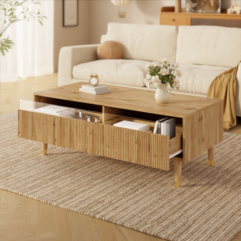 Table basse moderne effet bois façade ondulée éclairage LED 2 tiroirs PEAKGLADE