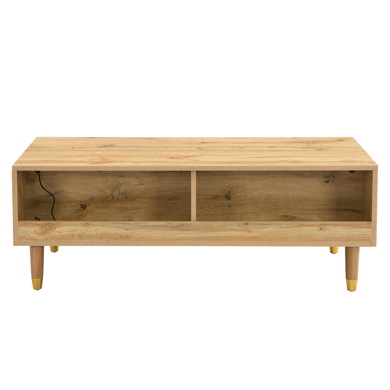 Table basse moderne effet bois façade ondulée éclairage LED 2 tiroirs PEAKGLADE